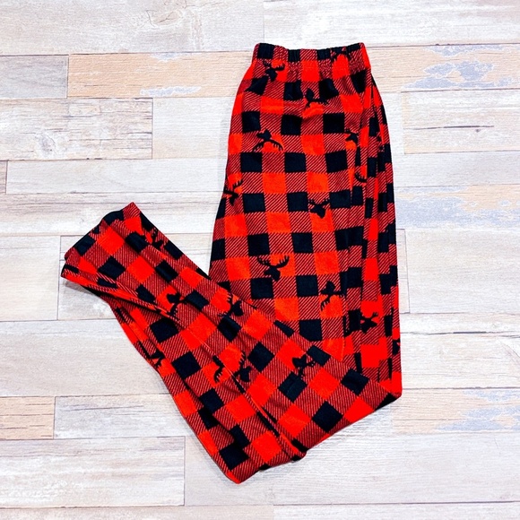 Red and Black Plaid Plush Pajama Pants - Picture 1 of 8